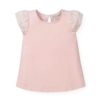 Knit Top with Woven Flutter Sleeves - Light Pink with Stripe Sleeves