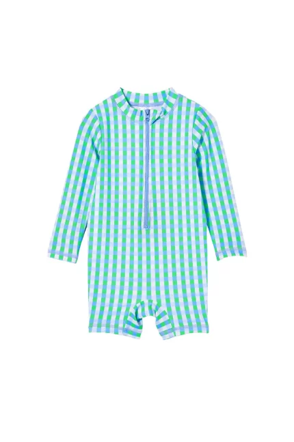 Blue Gingham Long Sleeve Swimsuit