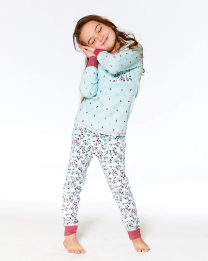 Organic Cotton Long Sleeve Two Piece Pajama Set Light Blue Floral Print