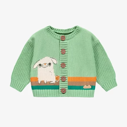 GREEN RIBBED KNIT CARDIGAN WITH JACQUARD PATTERN NEWBORN