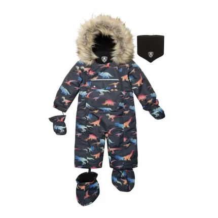 One Piece Baby Car Seat Snowsuit Black With Gradient Dino Print