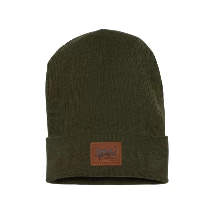 CUFFED RIBBED KNIT HAT IN KHAKI GREEN