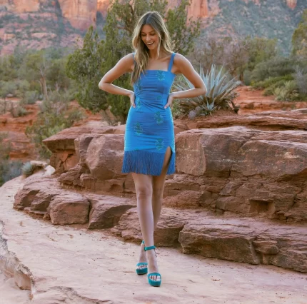 Brook Embroidered Mini Fringe Dress - Prussian Blue/Placed Floral Embroidery