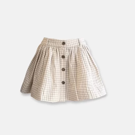 Girls Full Button Skirt - Beige Gingham