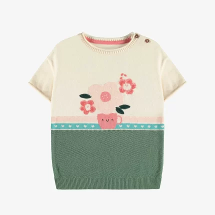 GREEN CREAM AND CORAL FLORAL JACQUARD SHORT SLEEVE KNIT DRESS BABY
