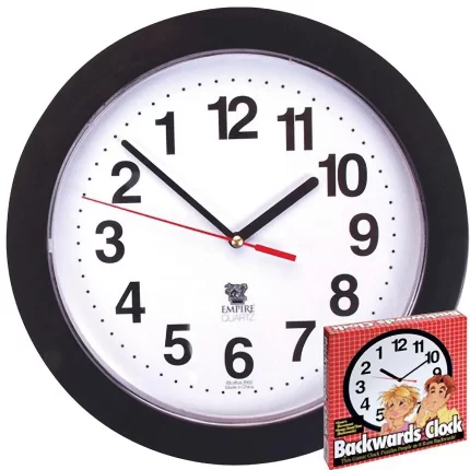 Loftus Black Backwards Wall Clock Runs Counterclockwise and Reverse