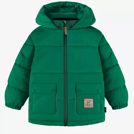 GREEN PUFFER COAT WITH HIGH COLLAR AND HOOD IN NYLON CHILD