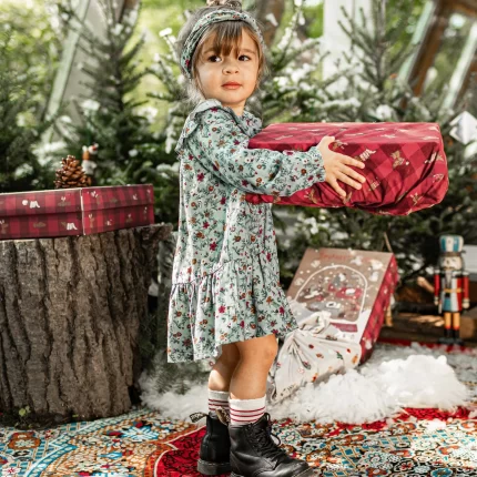 GREEN LONG SLEEVES DRESS WITH RUFFLE AND FLORAL PATTERN IN VISCOSE BABY