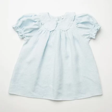 Kids Marbles Dress - Baby Blue And Milk Mini Check Linen