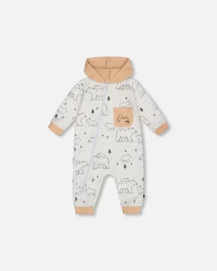Organic Cotton Hooded Jumpsuit Gray Mix Printed Bears