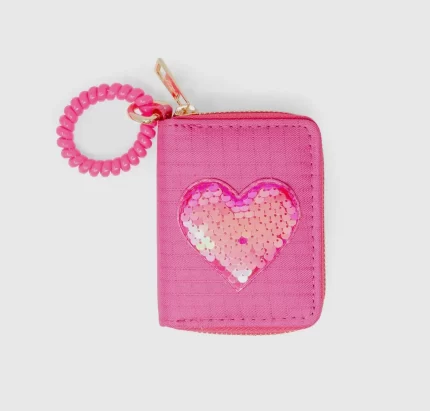 Wallet - Sequin Heart Pink with Spiral Strap