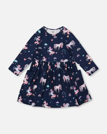 Jersey Dress With Pockets Navy Unicorn Print