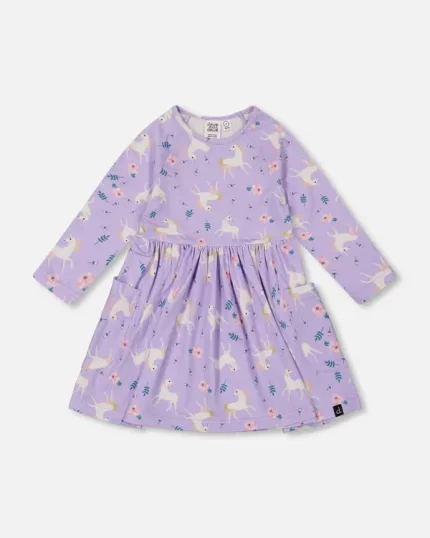 Jersey Dress With Pockets Lilac Unicorn Print