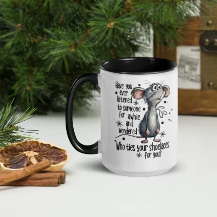 15 oz Ceramic Coffee Mug - "Who Ties Your Shoelaces" Funny Mouse Graphic