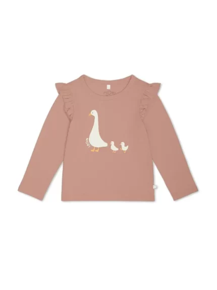 Baby Duck Long Sleeve Frill Shoulder T-Shirt - Duck & Peach Beige