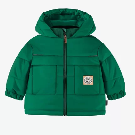 GREEN PUFFER COAT WITH HIGH COLLAR AND HOOD IN NYLON BABY