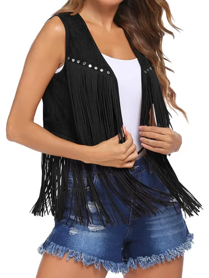 Black Fringe Buckle Less Medium Length Vest
