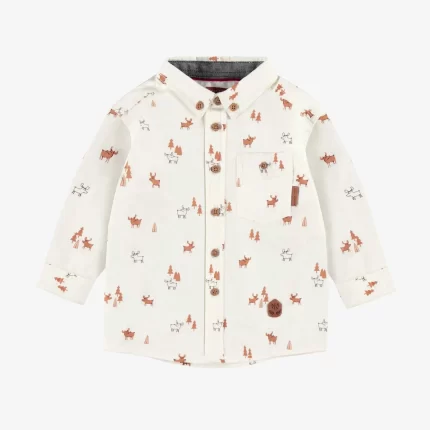 CREAM SHIRT WITH REINDEER ALL OVER PRINT IN COTTON POPLIN BABY