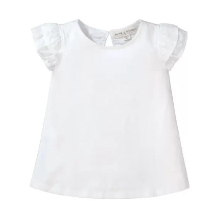 Knit Top with Woven Flutter Sleeves - Soft White with Swiss Dot Sleeves