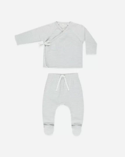 Wrap Top + Footed Pant Set - Sky Micro Stripe