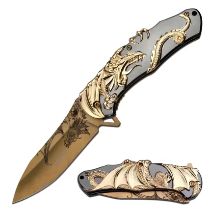 9" Gold Dragon Spring Assisted Open Tactical Folding Pocket Knife w/ Gift Box