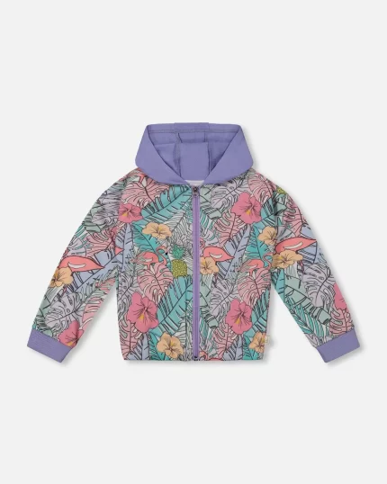 Printed French Terry Hoodie Cardigan Lilac Tropical And Pink Flamingos