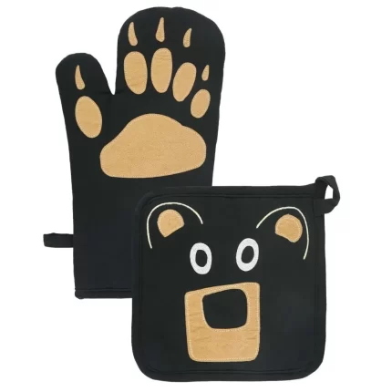 Black Bear Pot Holder and Oven Mitt Combo Pack - Bear-Themed Kitchen Fun