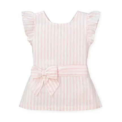 Flutter Sleeve Button Back Top - Soft Red Ticking Stripe