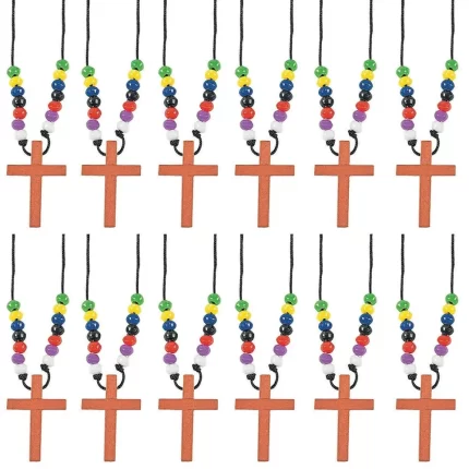 Fun Express Wooden Cross Necklaces with Multi color Beads (set of 12)