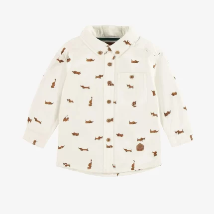 CREAM SHIRT WITH A DOG PATTERN IN COTTON POPLIN EFFECT PEACH SKIN BABY