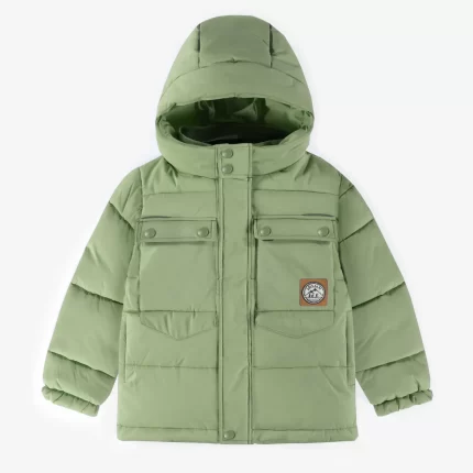GREEN PUFFER COAT WITH HIGH COLLAR AND HOOD CHILD