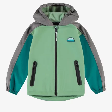 GREEN TURQUOISE AND GREY HOODED COAT IN SOFT SHELL CHILD